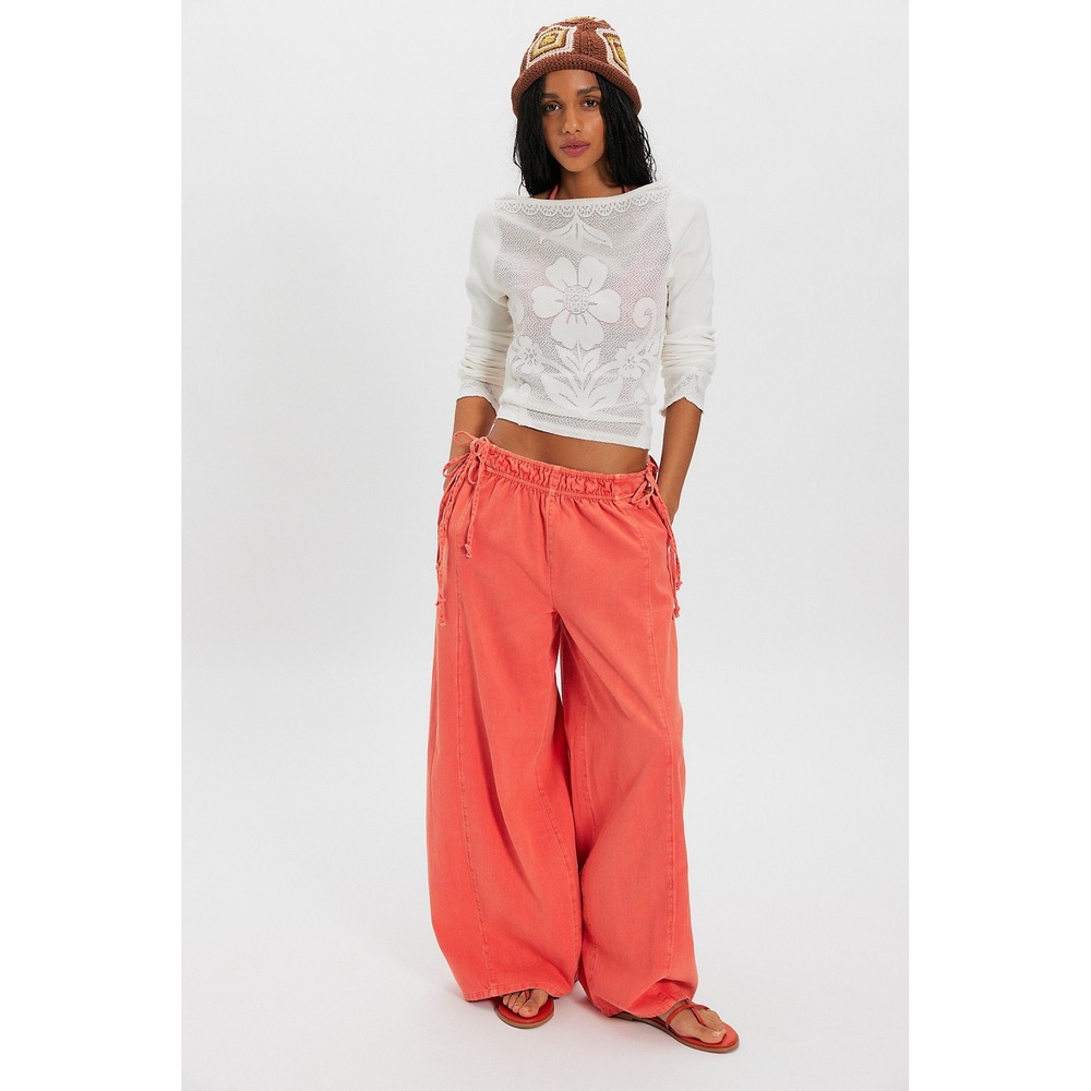 Free People Free-est Coral Orange Wide Leg Cotton Drawstring Pants Small